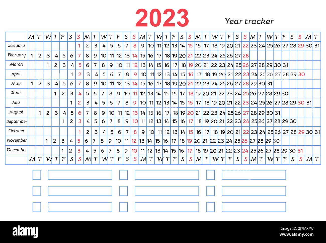 Calendar Mood And Habit Tracker Grid 2023 Year Vector Design With Blue