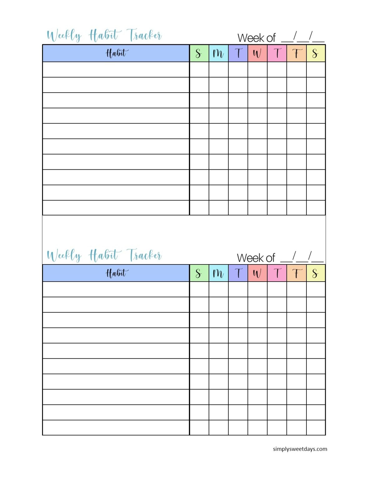 Free Printable Weekly Habit Tracker Simply Sweet Days