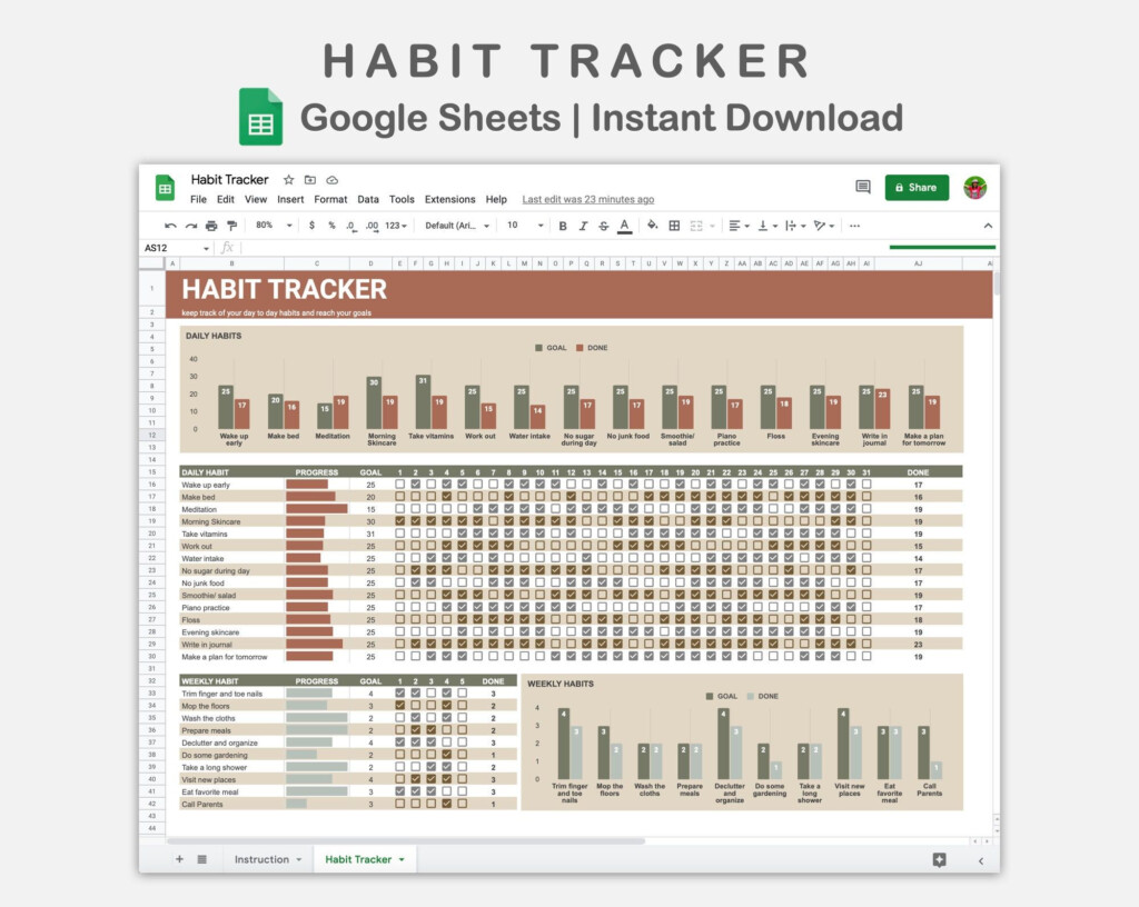 Habit Tracker Google Sheet Habit Tracker Spreadsheet Goal Etsy 