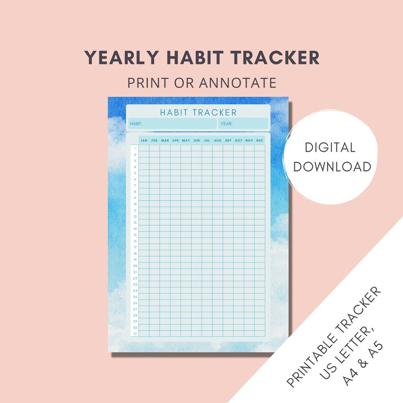 Yearly Habit Tracker Printable Tracker Blue Sky Etsy