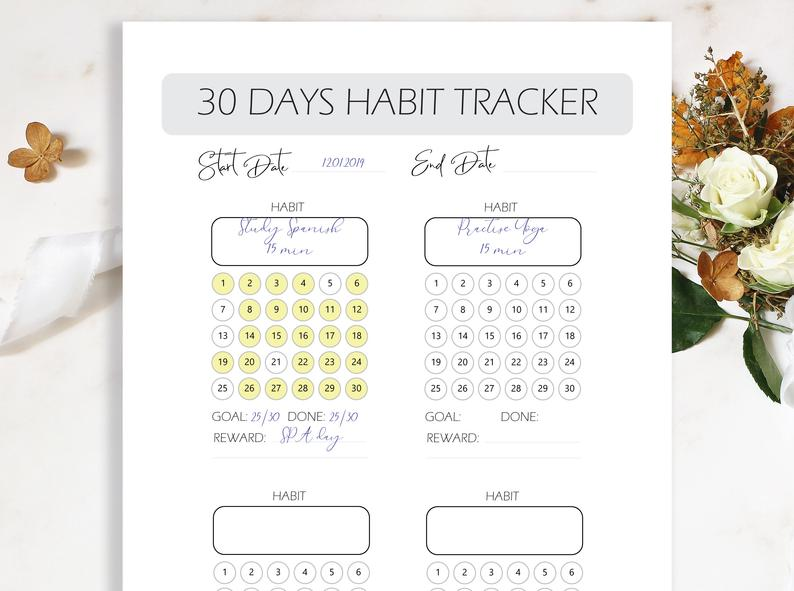 30 Days Habit Tracker Printable PDF Instant Download Daily Etsy 