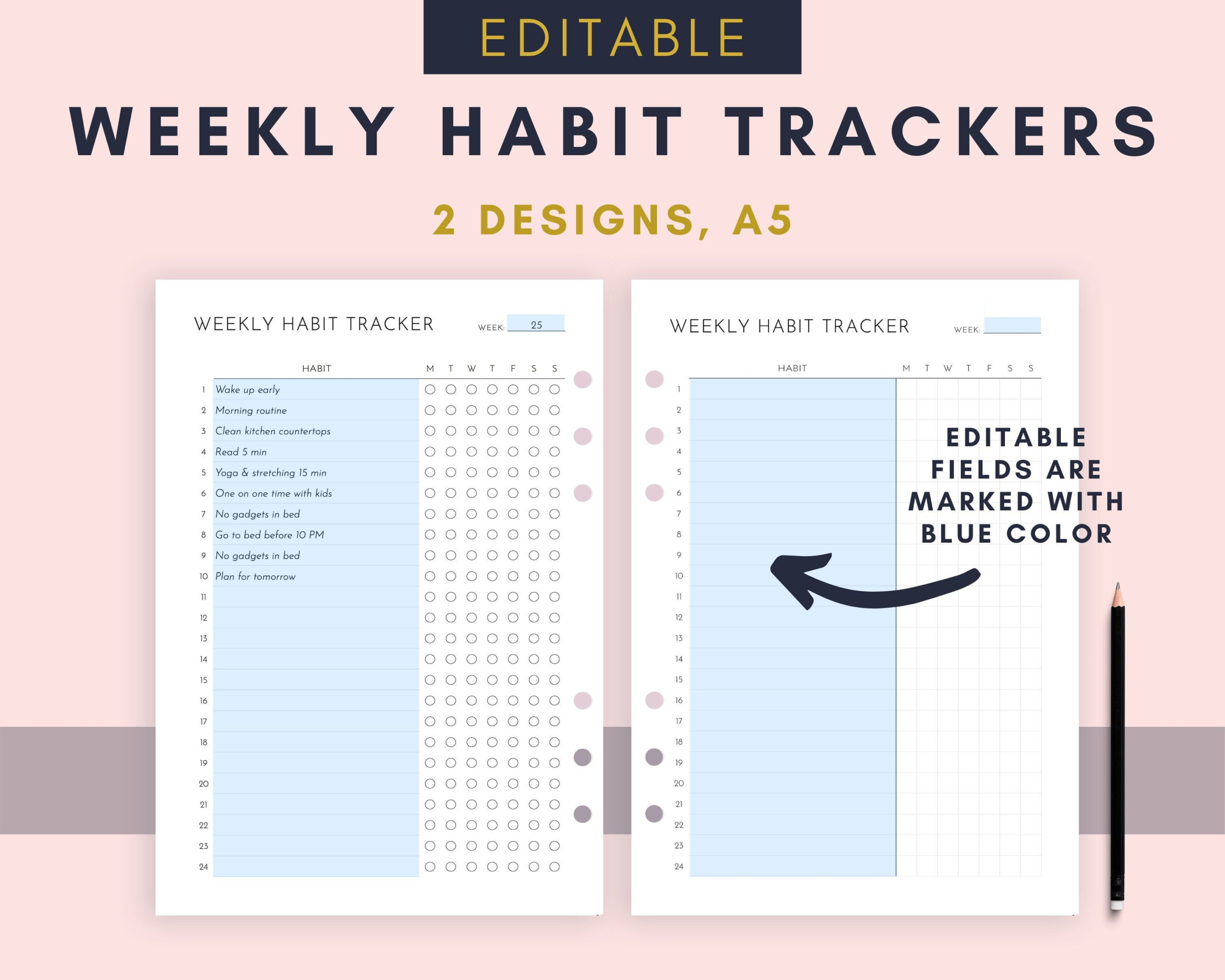 Editable Habit Tracker A5 Fillable Weekly Habit Tracker Goal Etsy