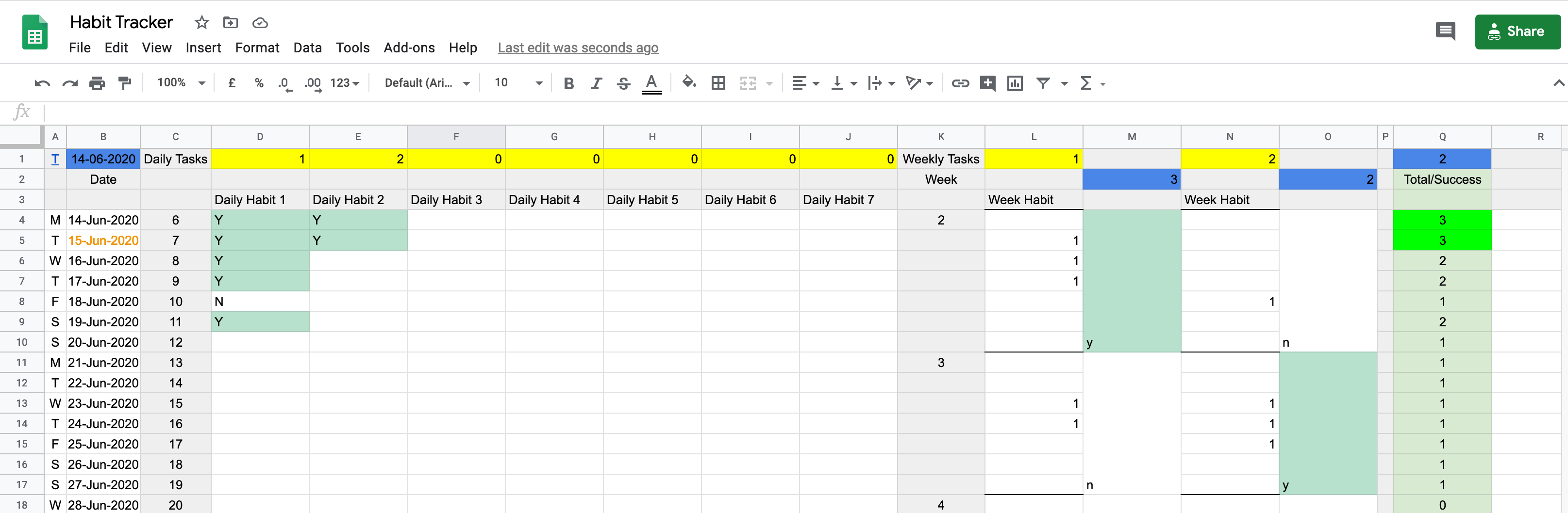 Google Sheets Habit Tracker Niall Bunting