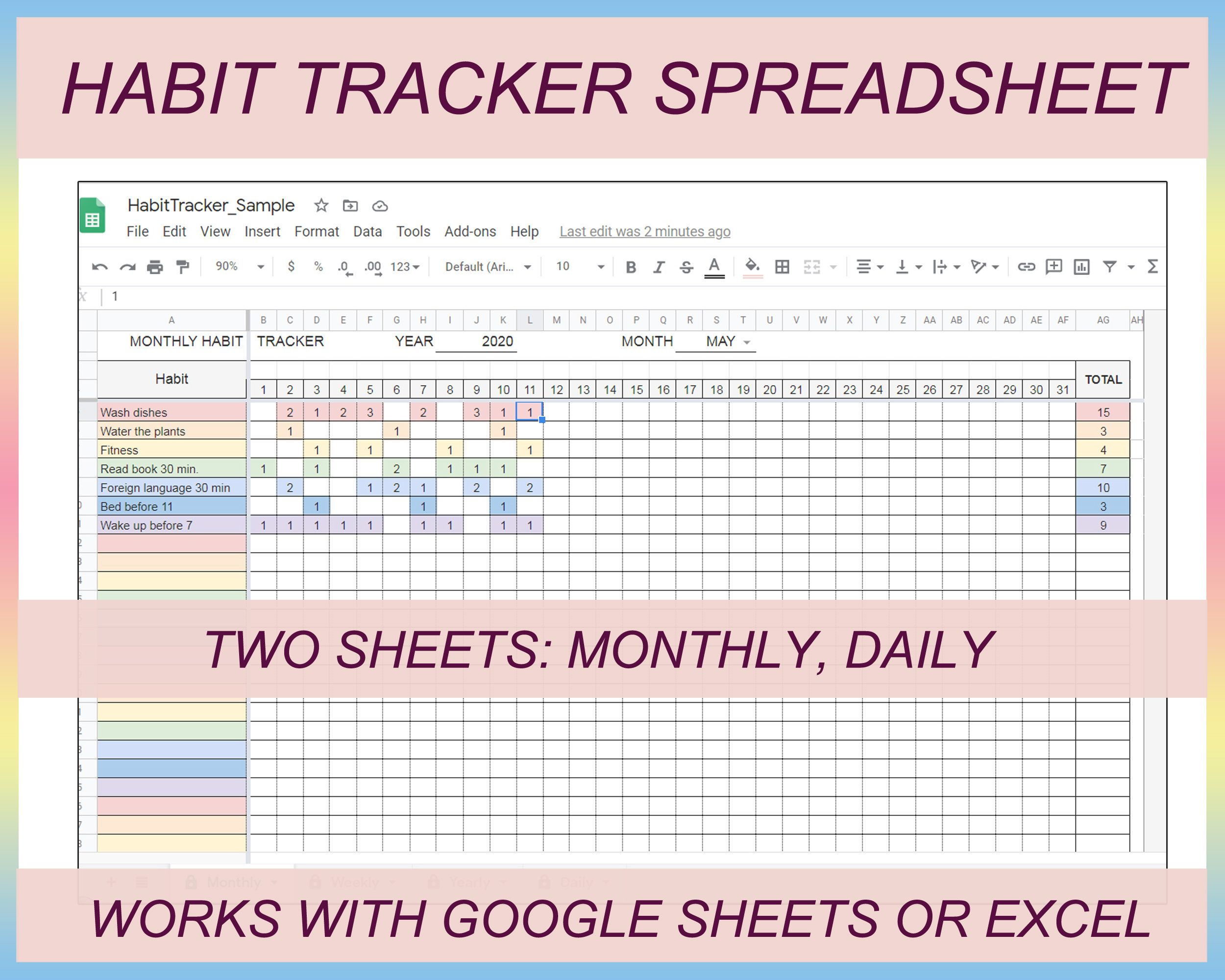 Habit Tracker Excel Habit Tracker Spreadsheet Monthly Habit Tracker