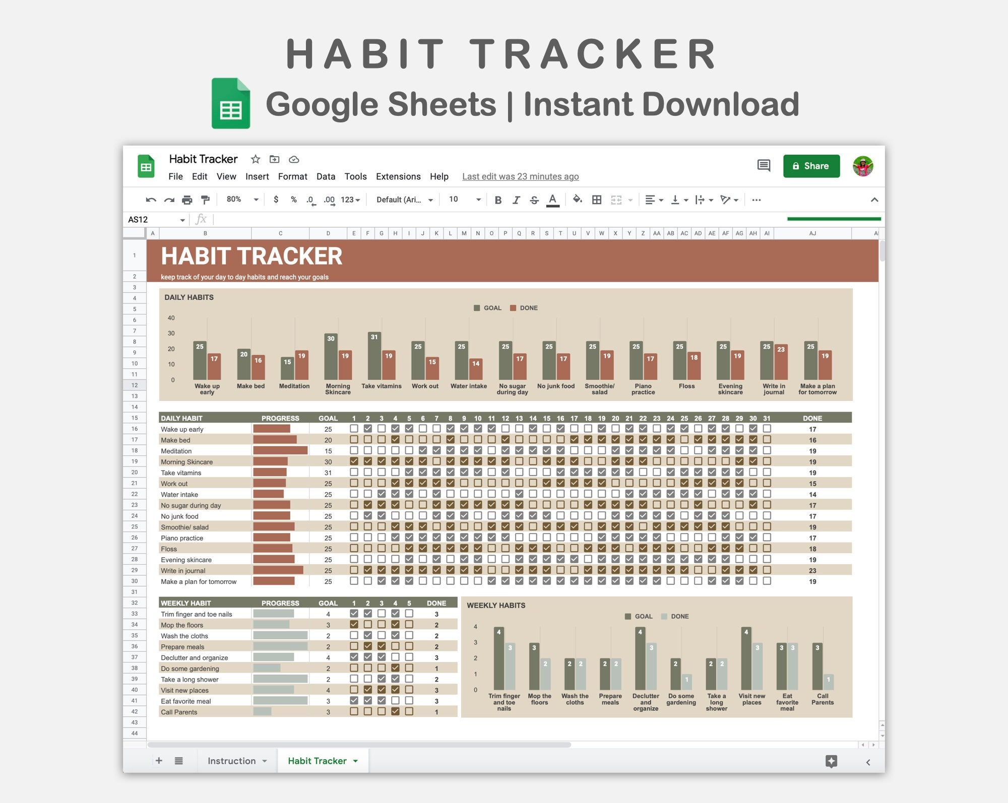 Habit Tracker Google Sheet Habit Tracker Spreadsheet Goal Etsy 