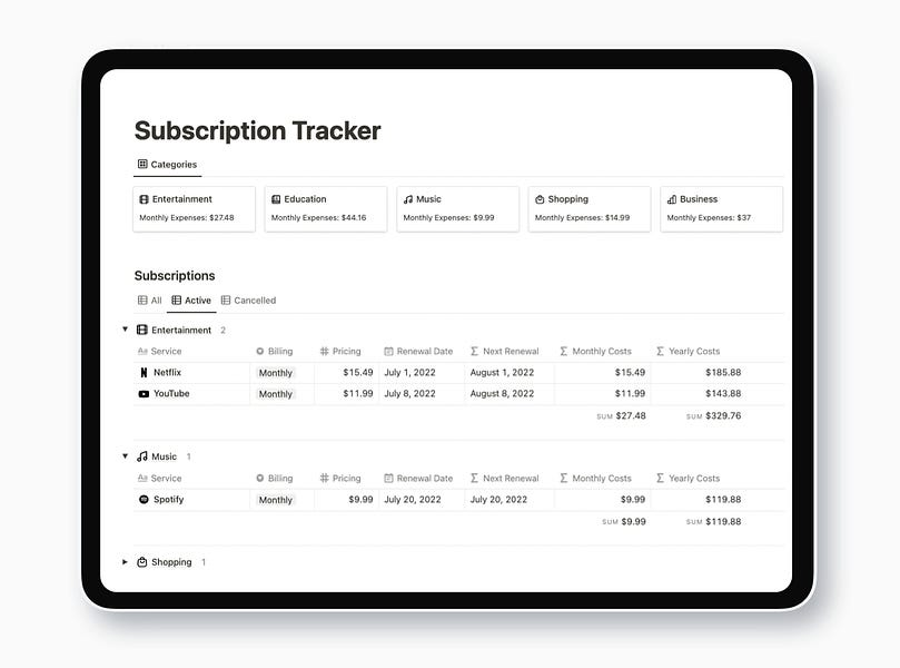 Launch Notion Subscription Tracker By Easlo