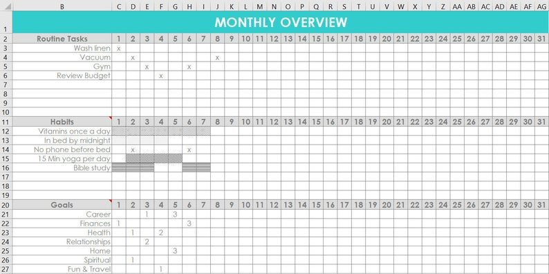 Monthly Habit Tracker Spreadsheet Excel Routine Tasks Goals Google 