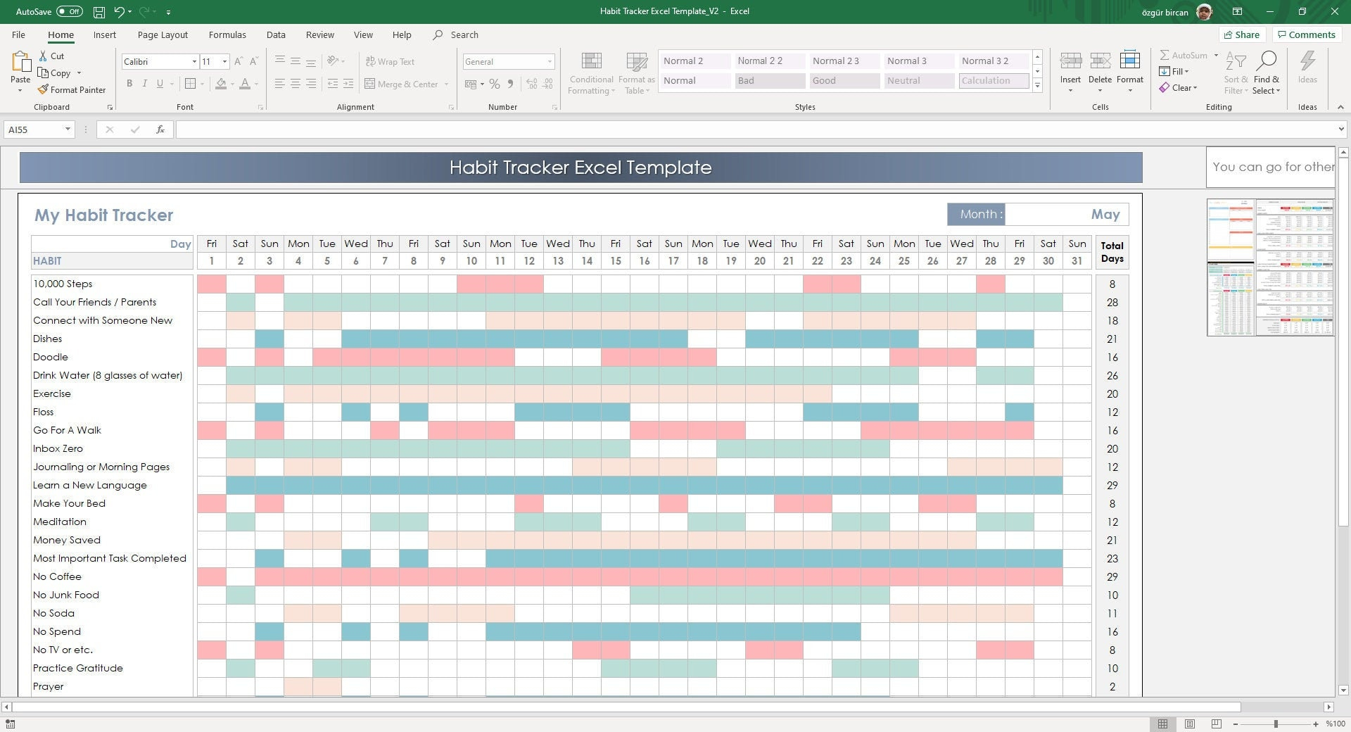 Paper Habit Tracker Excel Template Editable Sheet Habit Log Habit Excel
