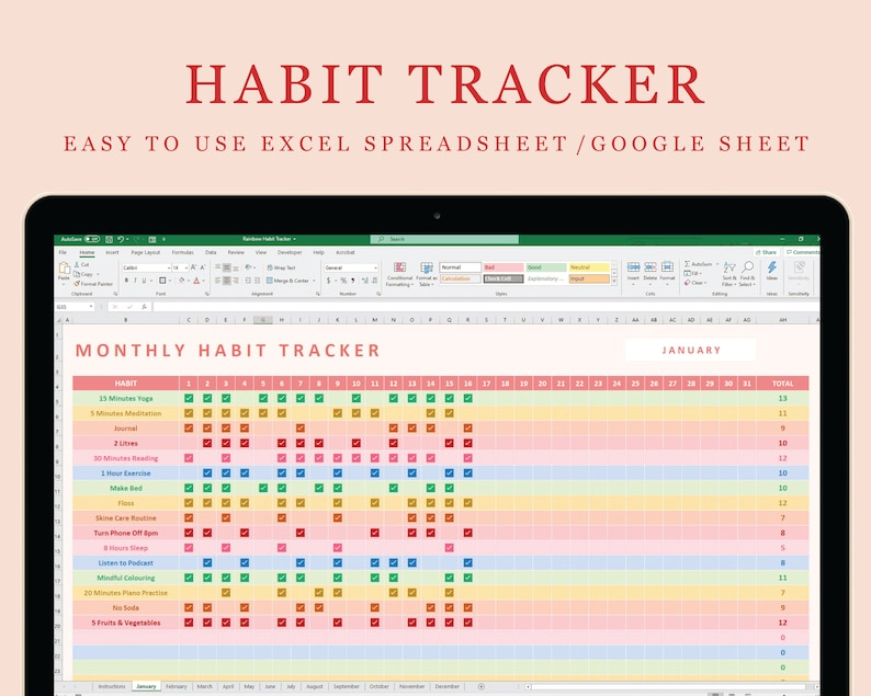Rainbow Habit Tracker Excel Spreadsheet Google Sheet Etsy